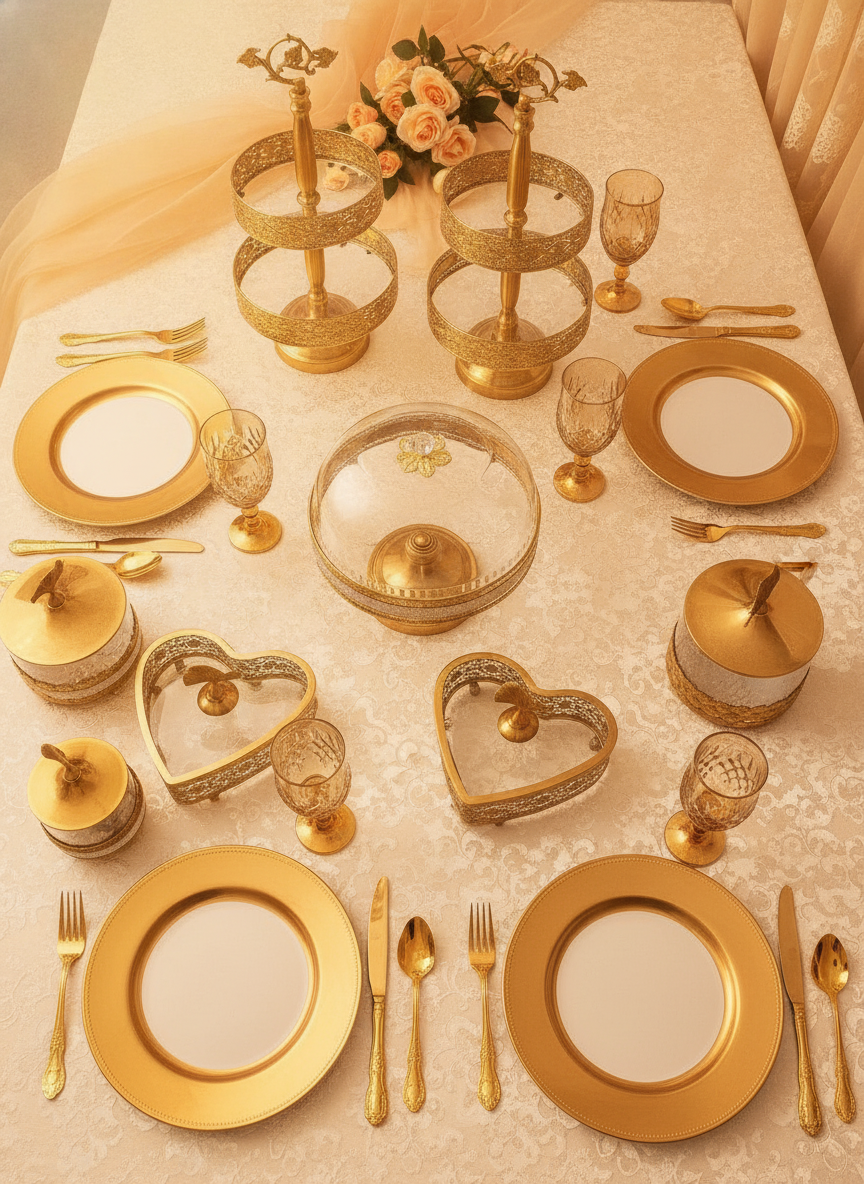 A flat-lay of luxurious crystal wedding tableware, including sparkling glasses, elegant plates, and polished silverware, on a