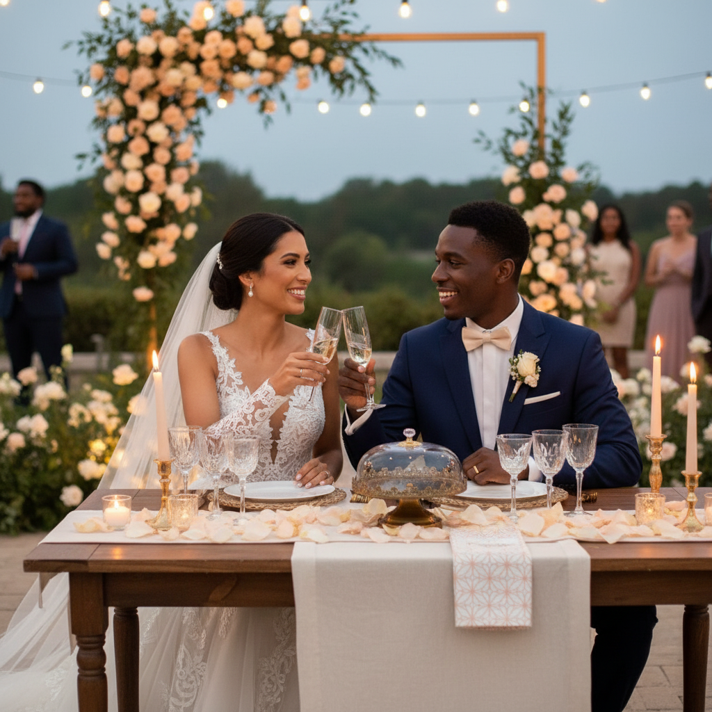 Diverse young couple in wedding attire clinking glasses from a sparkling crystal wedding tableware set at an outdoor receptio