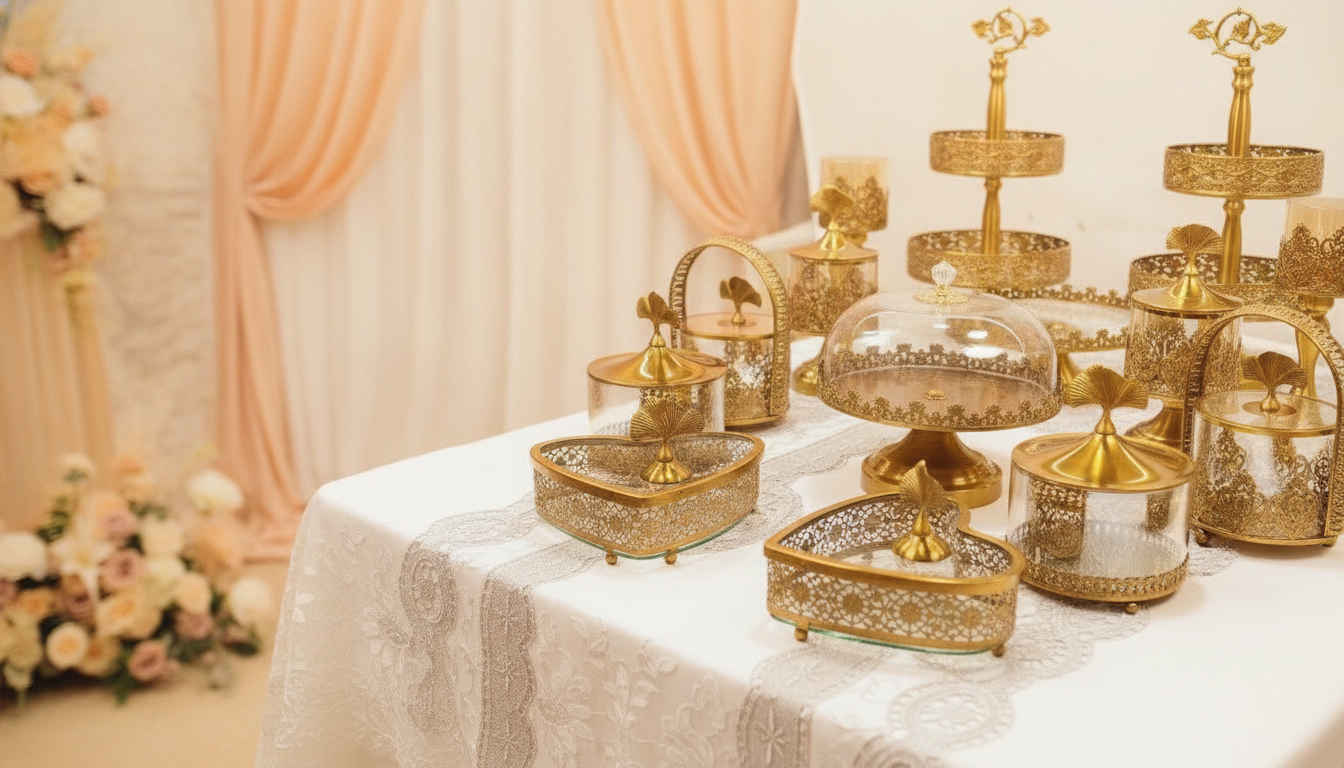 Luxury Crystal Wedding Tableware Set sparkling on a beautifully set wedding reception table with soft, natural lighting.