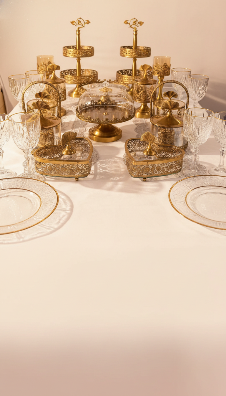 Luxury crystal wedding tableware set with sparkling glasses and elegant plates on a table, centered in a portrait shot.