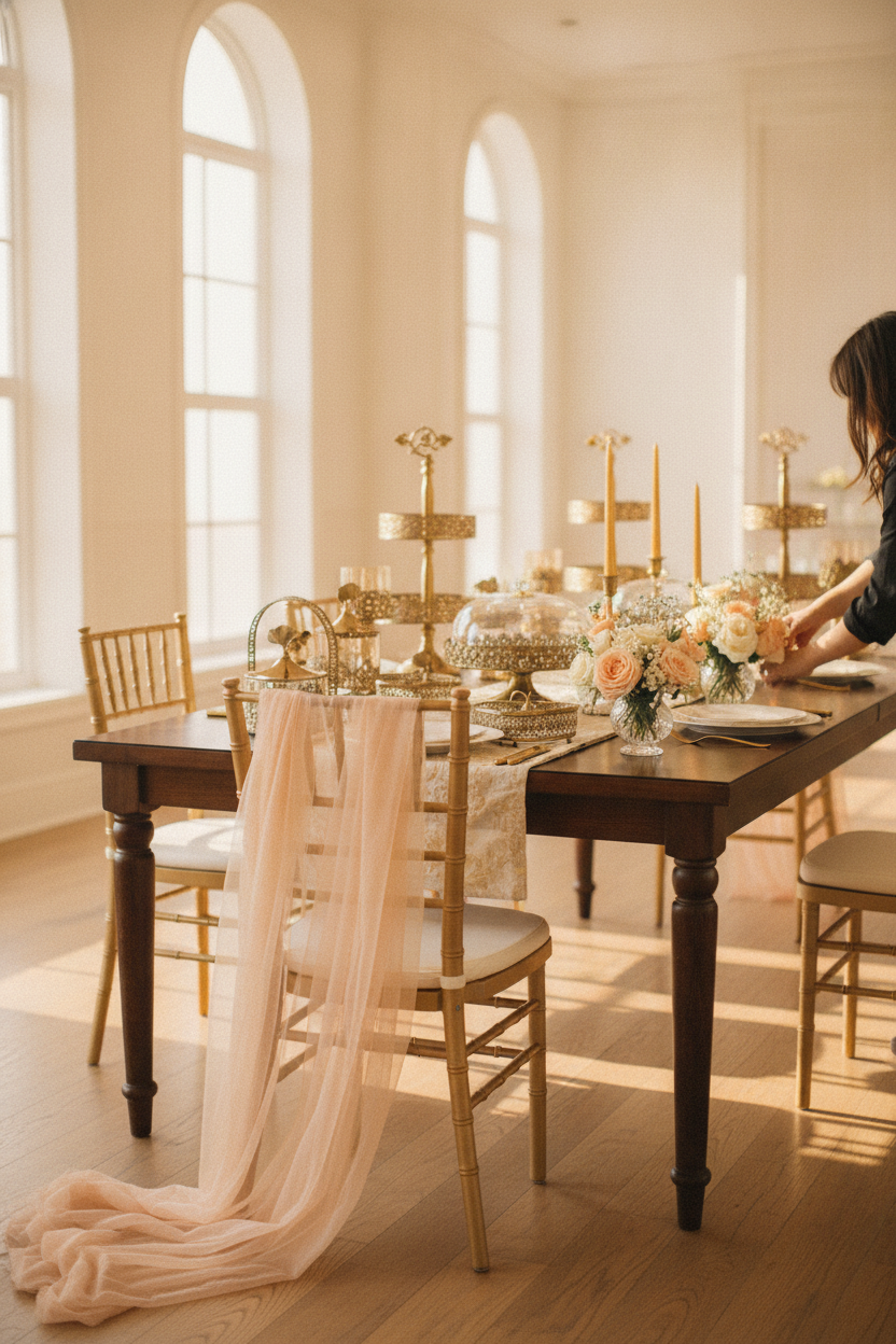 Luxury Crystal Wedding Tableware Set on a beautifully set table in a sunlit reception hall, with elegant floral arrangements.