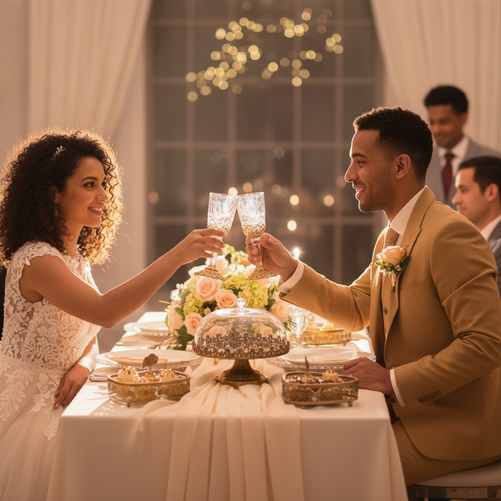 Newlywed couple smiling, clinking crystal glasses from a luxury wedding tableware set at a reception table with soft lighting
