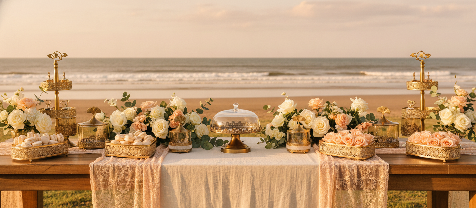 Elegant crystal wedding tableware set sparkling on a beautifully adorned table at an outdoor coastal wedding reception.