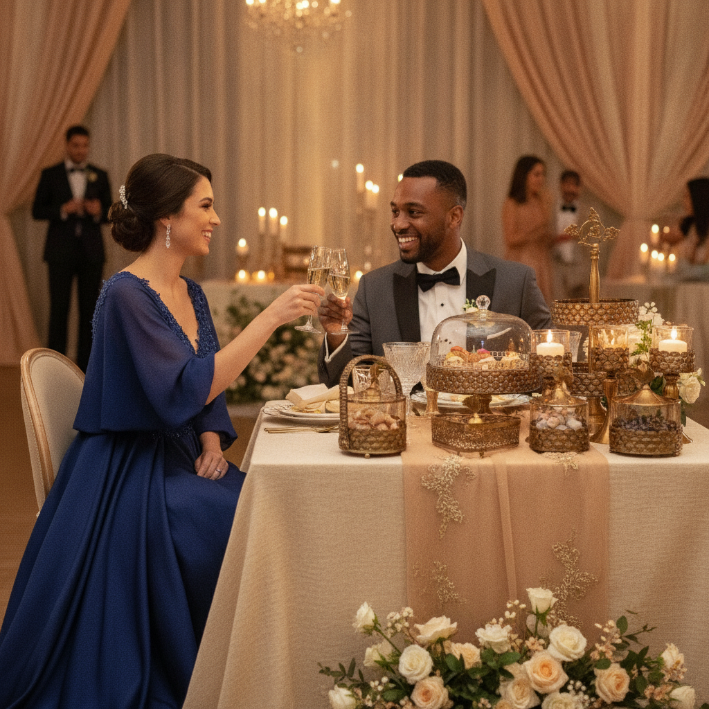 A diverse couple, elegantly dressed, raise crystal glasses from a Luxury Crystal Wedding Tableware Set at a wedding reception
