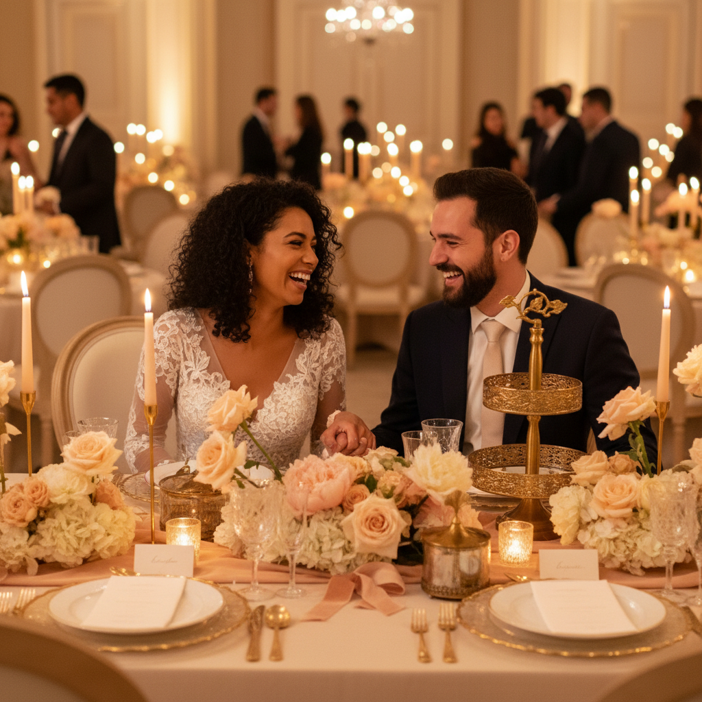 A diverse couple in wedding attire laughs at a wedding reception table set with a sparkling Luxury Crystal Wedding Tableware 