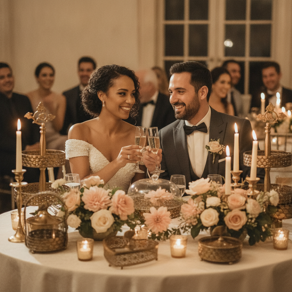 Diverse couple in wedding attire clinking crystal glasses from a luxury tableware set at a wedding reception table.
