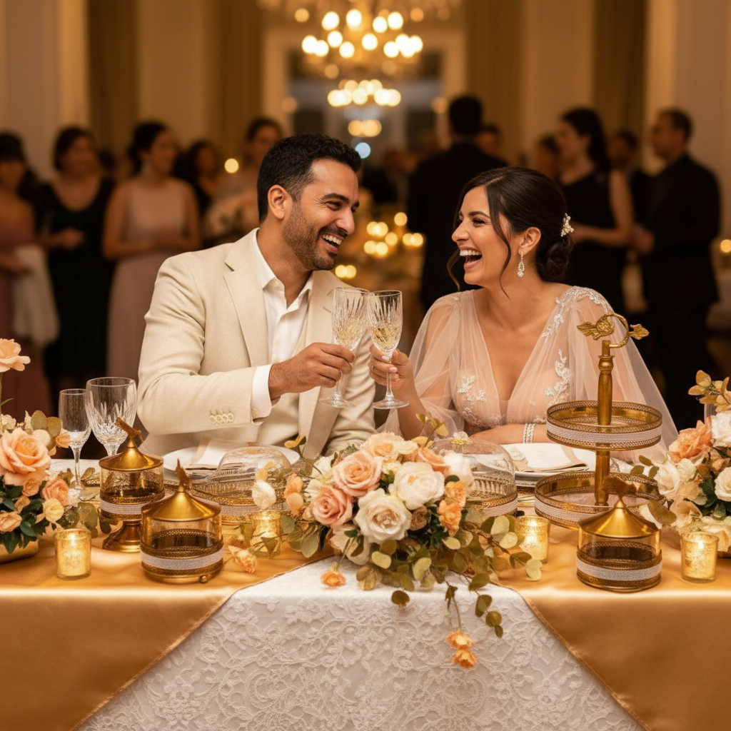 Diverse couple laughing and clinking crystal glasses at a wedding reception table set with a Luxury Crystal Wedding Tableware